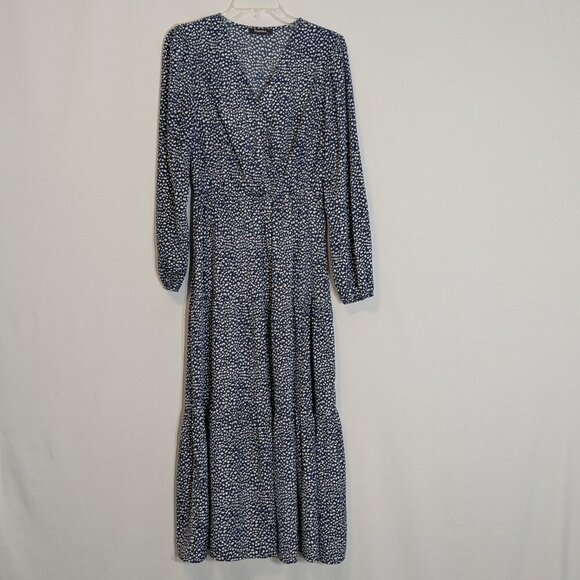 FASHION, Blue/White Spots, V-Neck Ruffle Tiered Boho Peasant Midi Dress; Size S - Picture 2 of 6